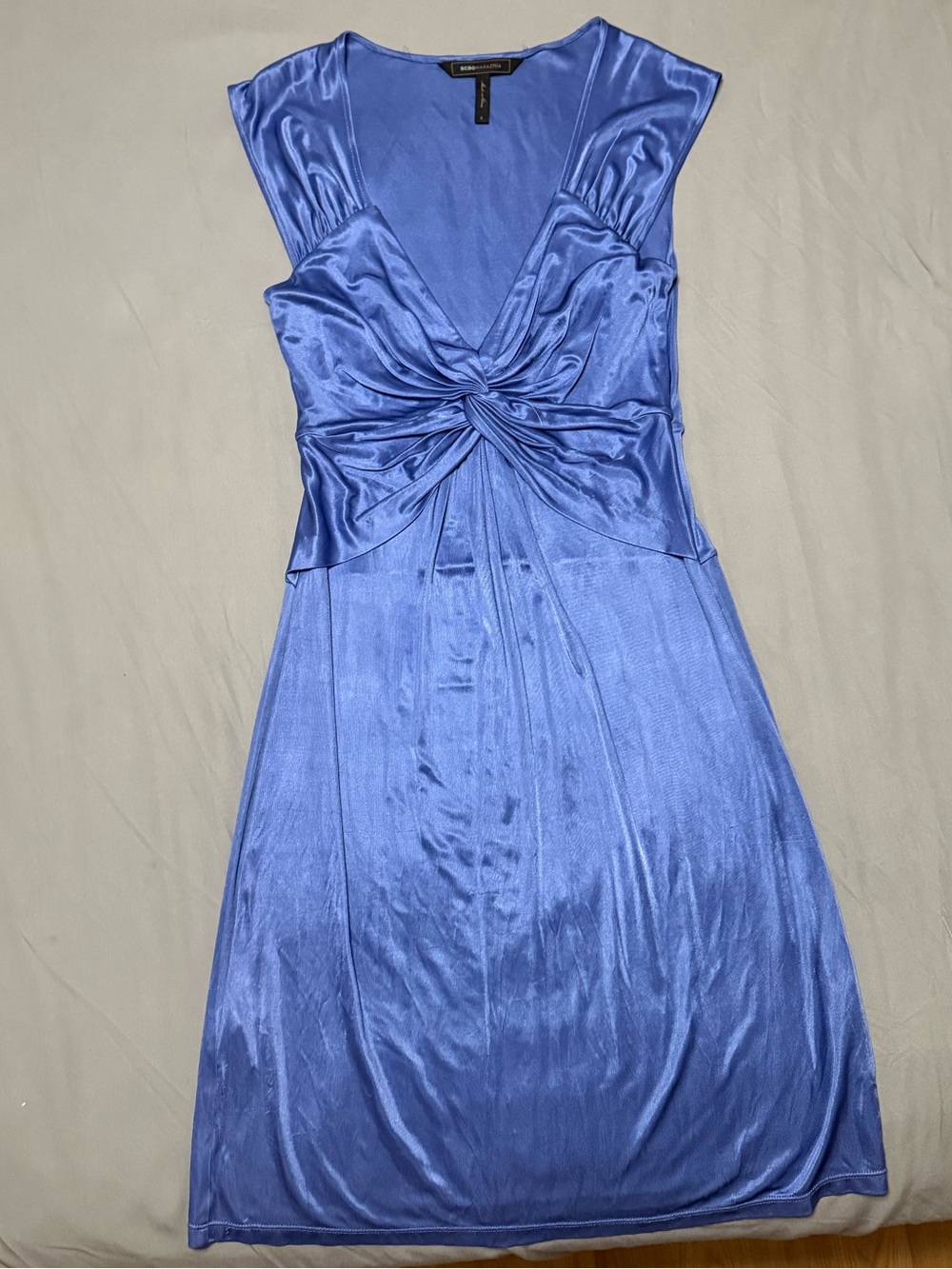 BCBGMaxAzria Periwinkle Satin Twist-Front Midi Dress